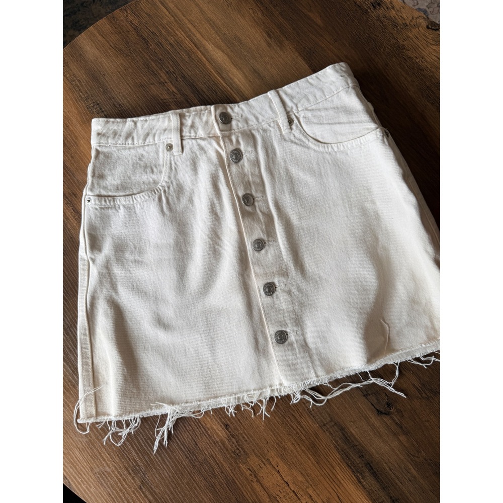 Zara Cream Denim Button Front Mini Skirt Raw Hem Off White Size M US 6